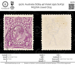 9170: Australia SG64 4d Violet 1921 Sc#32 Mi37XA Used C£15, view 1