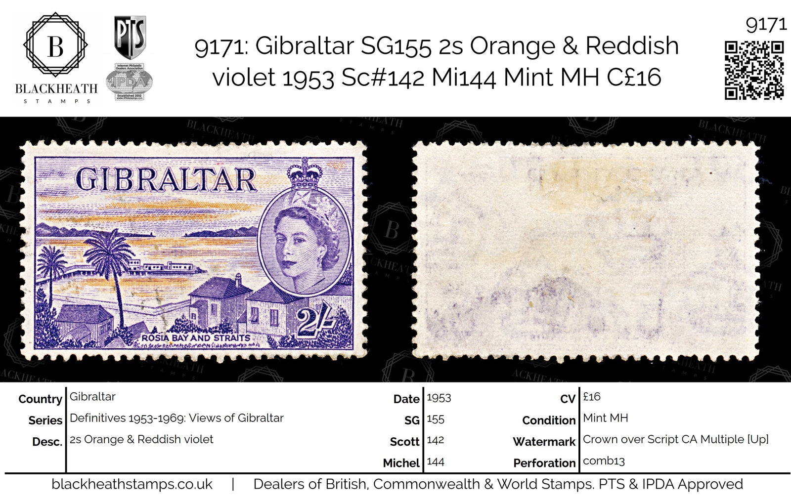 9171: Gibraltar SG155 2s Orange &  Reddish violet 1953 Sc#142 Mi144 Mint MH C£16