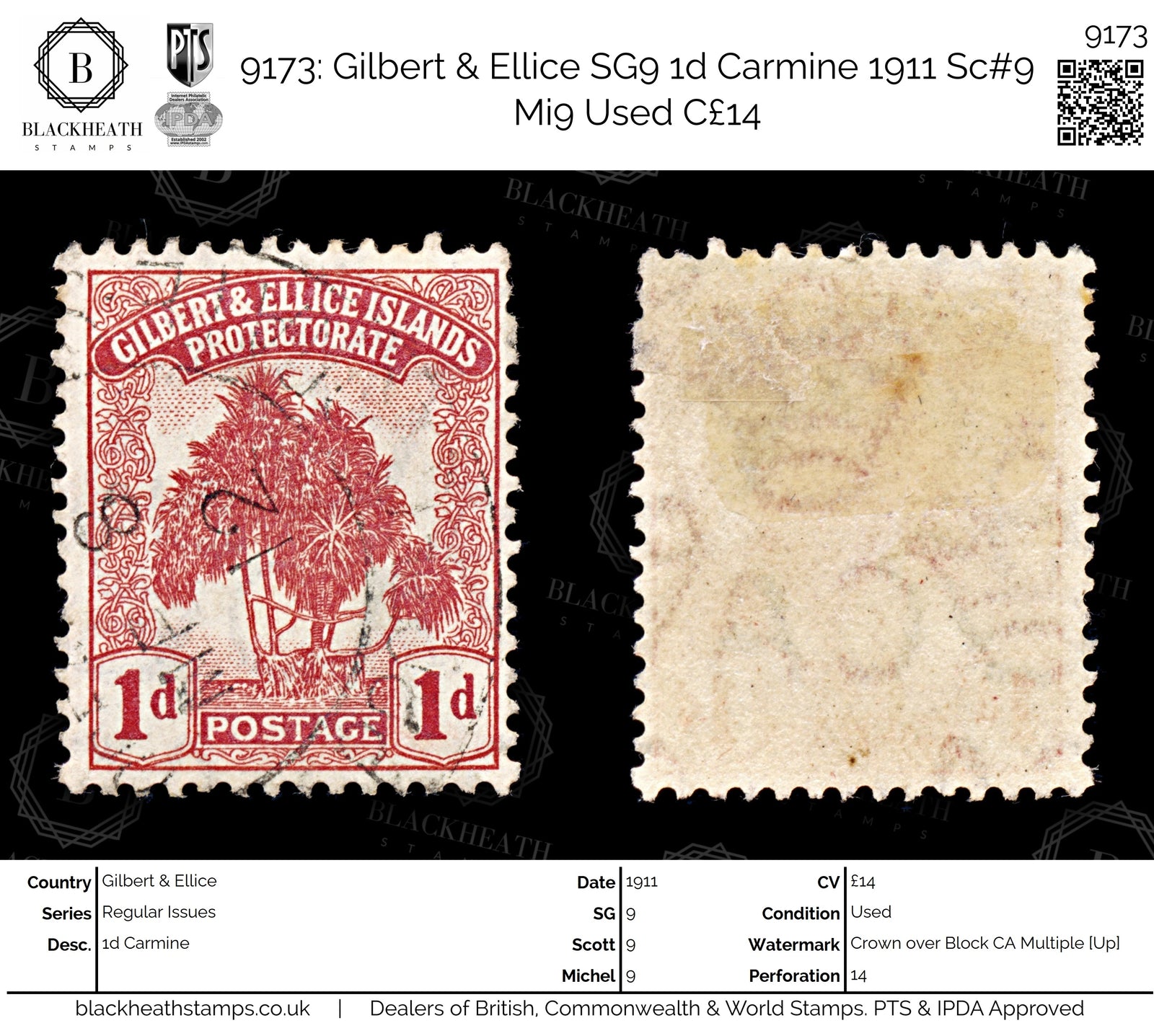 9173: Gilbert & Ellice SG9 1d Carmine 1911 Sc#9 Mi9 Used C£14