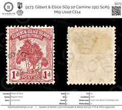 9173: Gilbert & Ellice SG9 1d Carmine 1911 Sc#9 Mi9 Used C£14, view 1