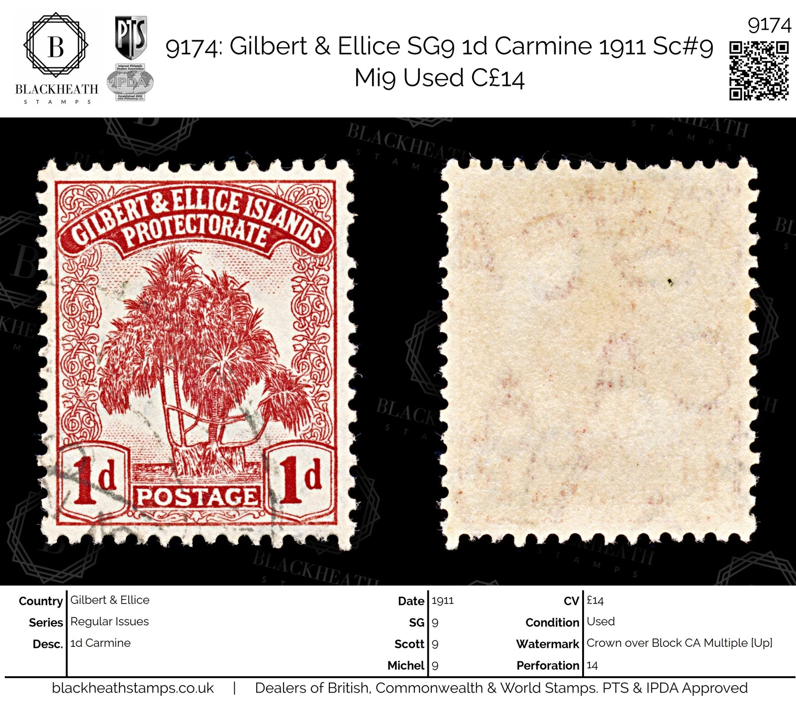 9174: Gilbert & Ellice SG9 1d Carmine 1911 Sc#9 Mi9 Used C£14
