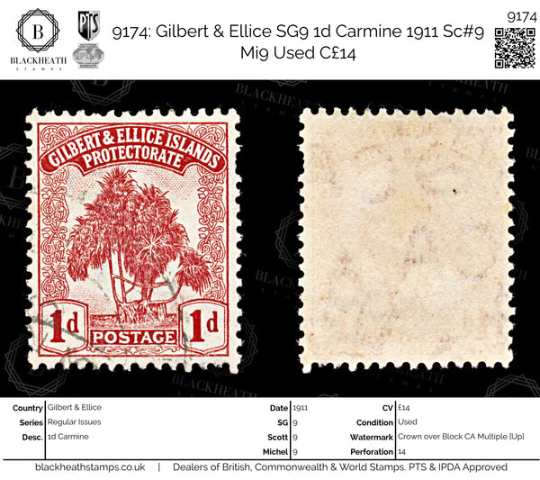 9174: Gilbert & Ellice SG9 1d Carmine 1911 Sc#9 Mi9 Used C£14