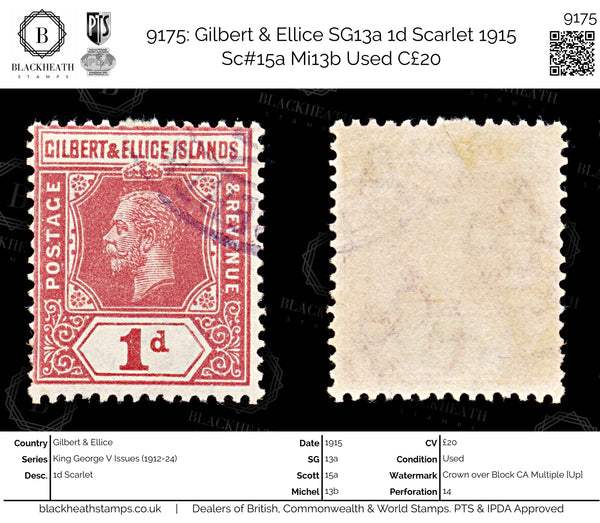 9175: Gilbert & Ellice SG13a 1d Scarlet 1915 Sc#15a Mi13b Used C£20