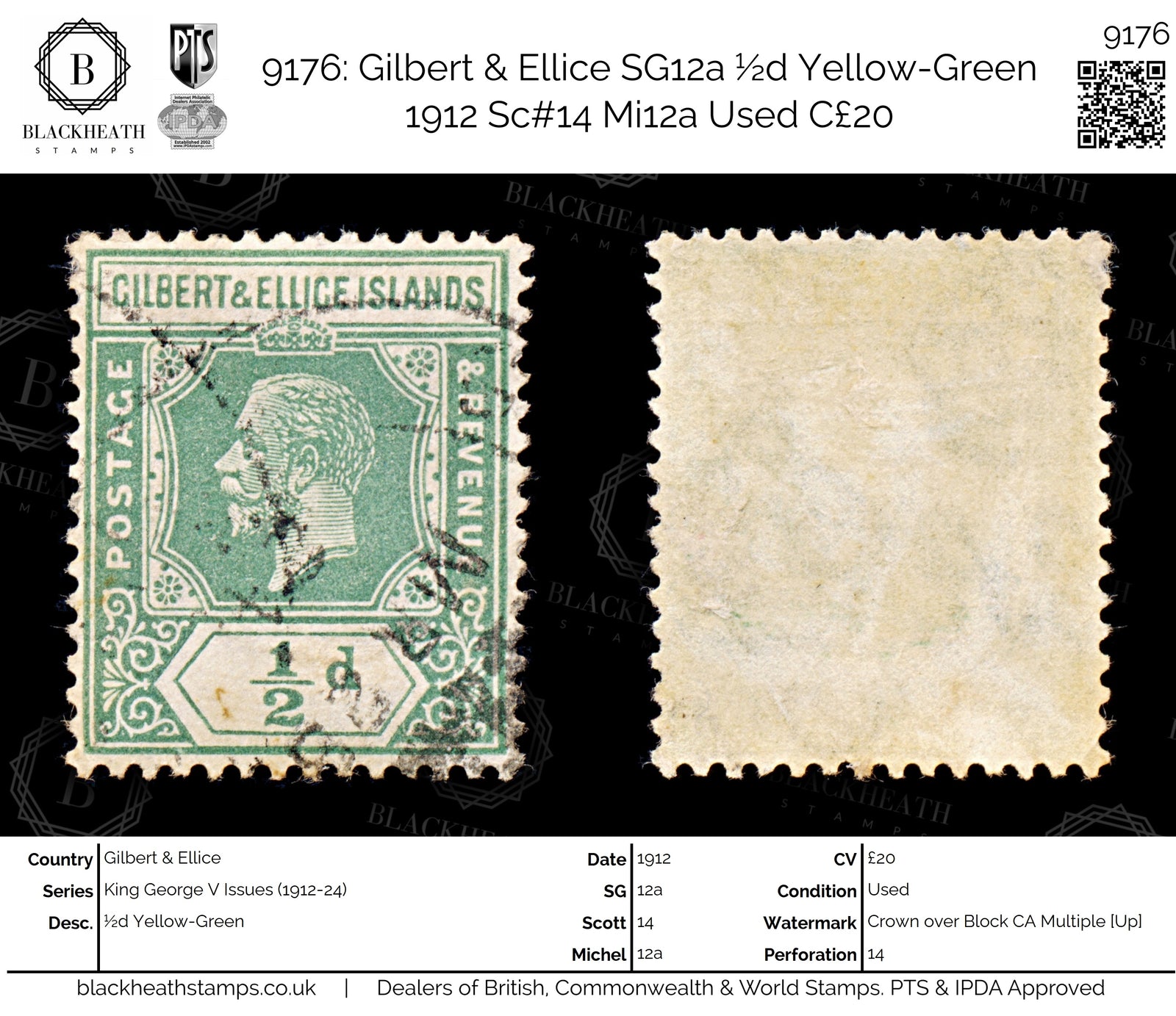 9176: Gilbert & Ellice SG12a ½d Yellow-Green 1912 Sc#14 Mi12a Used C£20