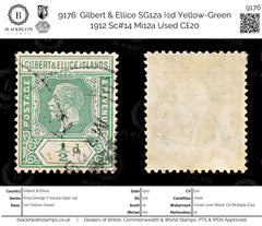 9176: Gilbert & Ellice SG12a ½d Yellow-Green 1912 Sc#14 Mi12a Used C£20, view 1