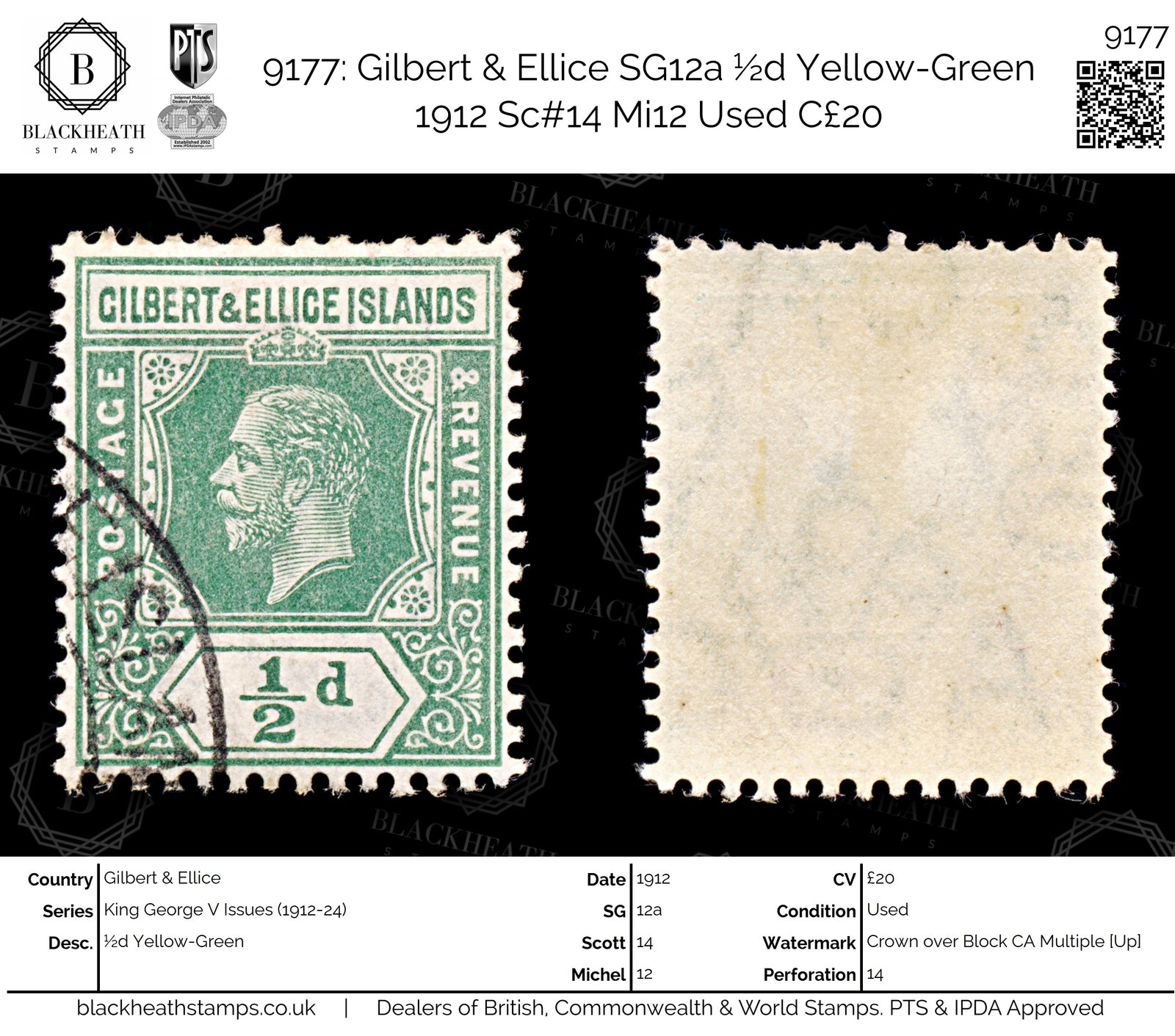 9177: Gilbert & Ellice SG12a ½d Yellow-Green 1912 Sc#14 Mi12 Used C£20