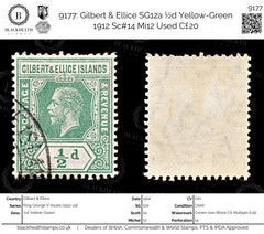 9177: Gilbert & Ellice SG12a ½d Yellow-Green 1912 Sc#14 Mi12 Used C£20, view 1