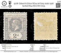 9178: Gilbert & Ellice SG14 2d Grey slate 1916 Sc#16 Mi14 Mint MH C£15, view 1