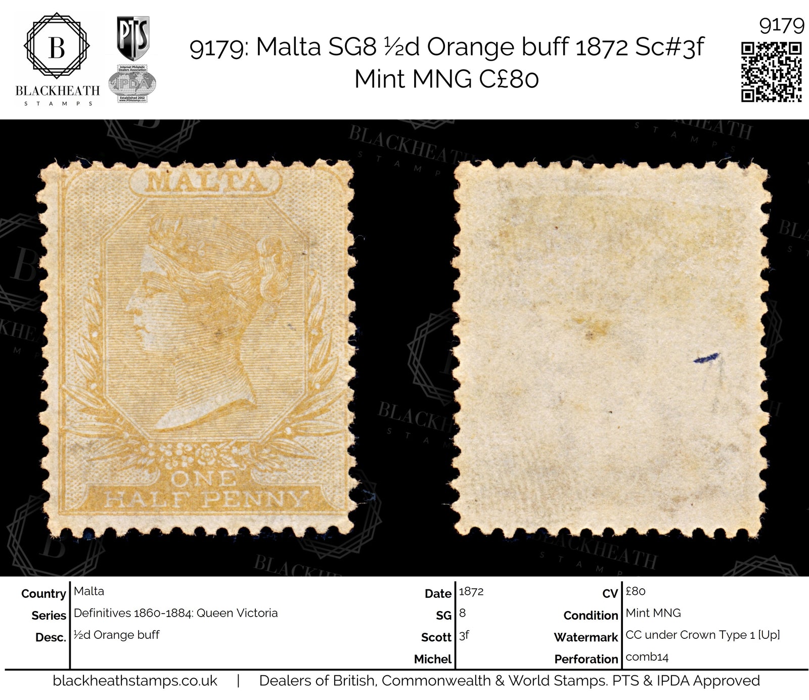 9179: Malta SG8 ½d Orange buff 1872 Sc#3f Mint MNG C£80