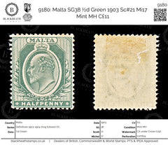 9180: Malta SG38 ½d Green 1903 Sc#21 Mi17 Mint MH C£11, view 1