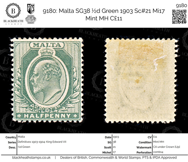 9180: Malta SG38 ½d Green 1903 Sc#21 Mi17 Mint MH C£11