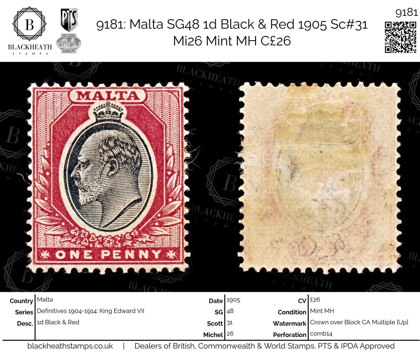 9181: Malta SG48 1d Black &  Red 1905 Sc#31 Mi26 Mint MH C£26