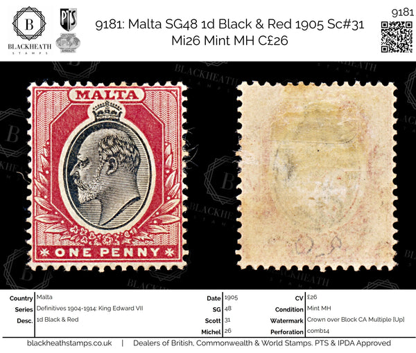 9181: Malta SG48 1d Black &  Red 1905 Sc#31 Mi26 Mint MH C£26