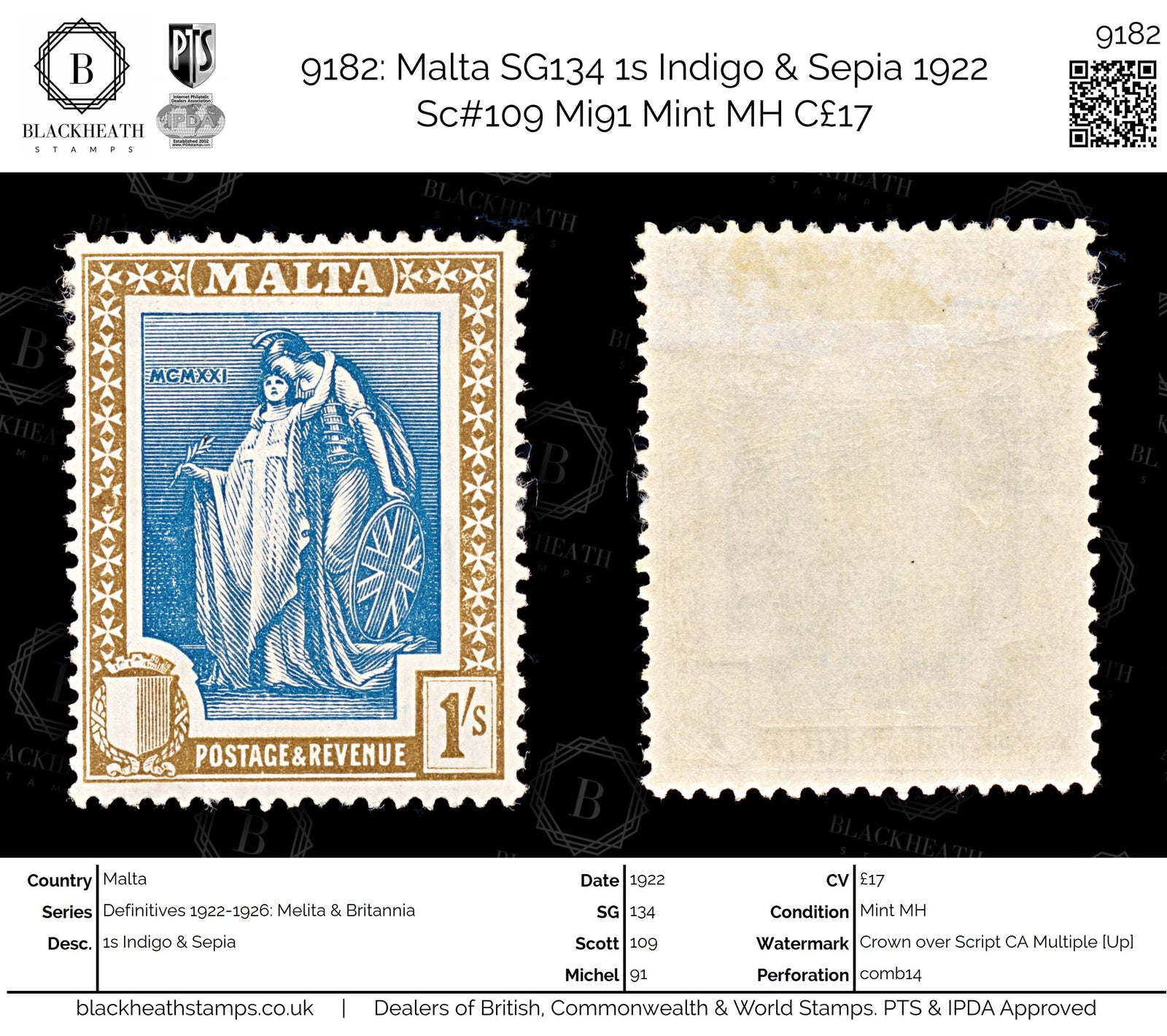 9182: Malta SG134 1s Indigo &  Sepia 1922 Sc#109 Mi91 Mint MH C£17