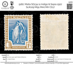 9182: Malta SG134 1s Indigo &  Sepia 1922 Sc#109 Mi91 Mint MH C£17, view 1