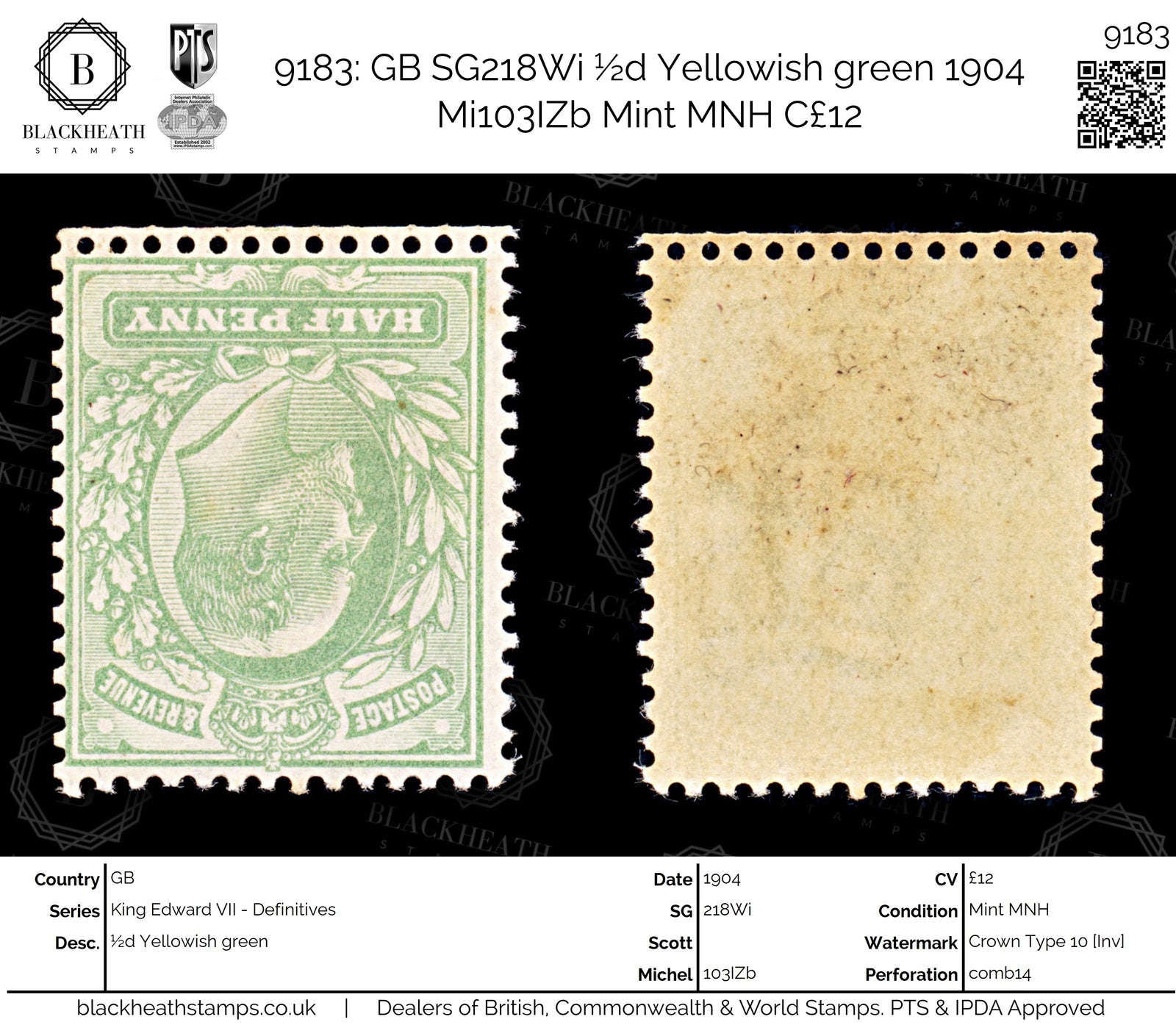 9183: GB SG218Wi ½d Yellowish green 1904 Mi103IZb Mint MNH C£12