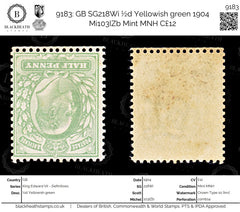 9183: GB SG218Wi ½d Yellowish green 1904 Mi103IZb Mint MNH C£12, view 1