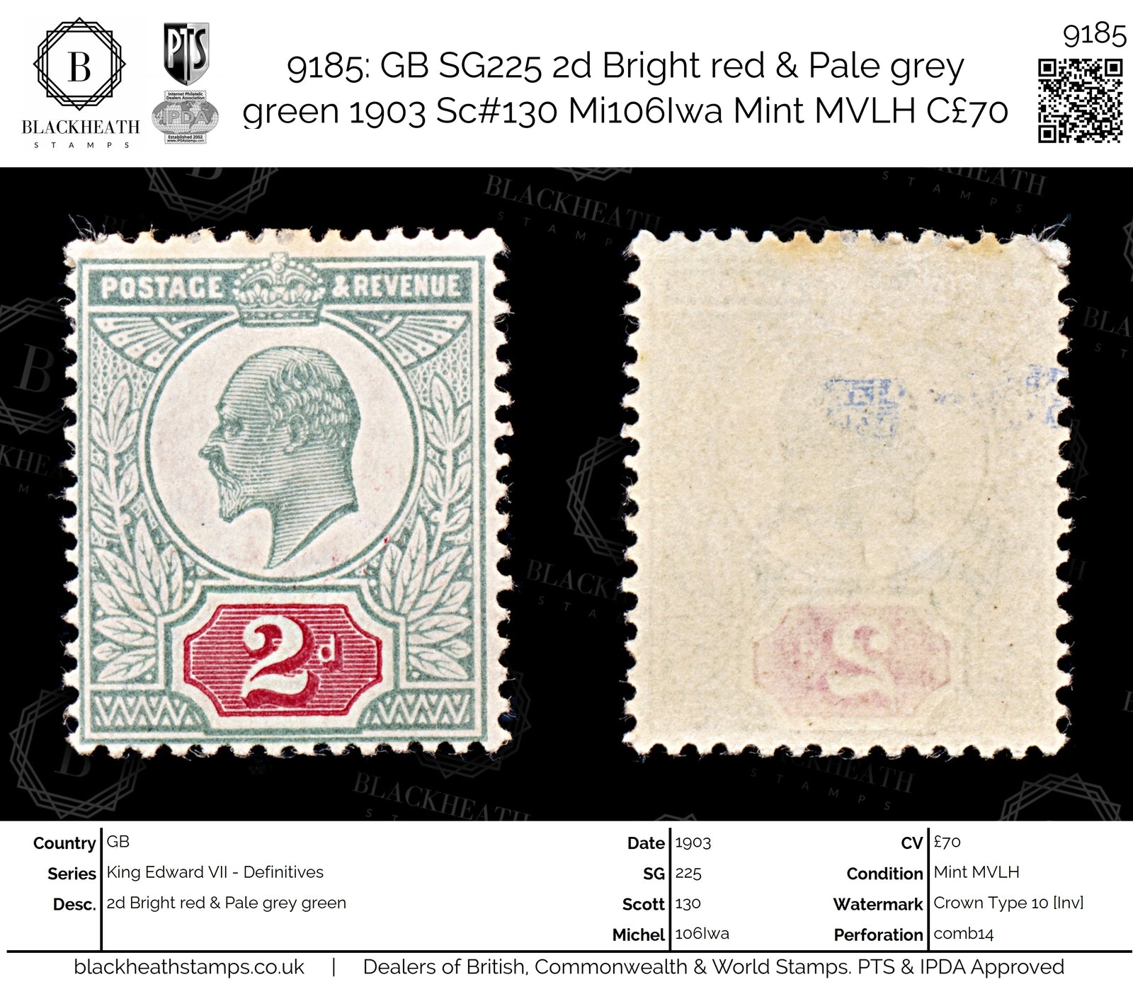 9185: GB SG225 2d Bright red &  Pale grey green 1903 Sc#130 Mi106Iwa Mint MVLH C£70