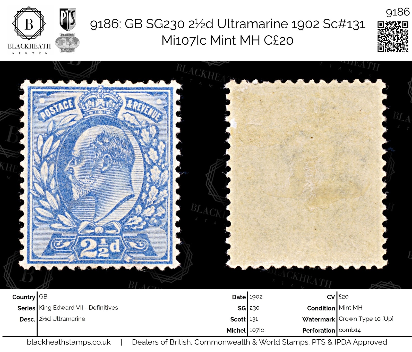 9186: GB SG230 2½d Ultramarine 1902 Sc#131 Mi107Ic Mint MH C£20