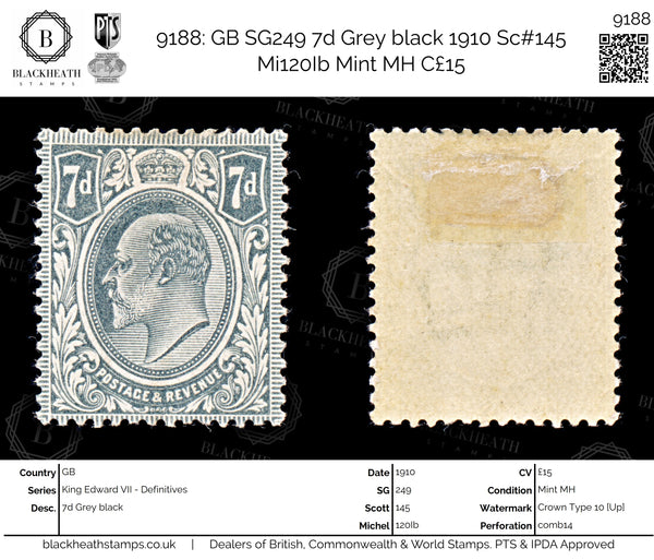 9188: GB SG249 7d Grey black 1910 Sc#145 Mi120Ib Mint MH C£15
