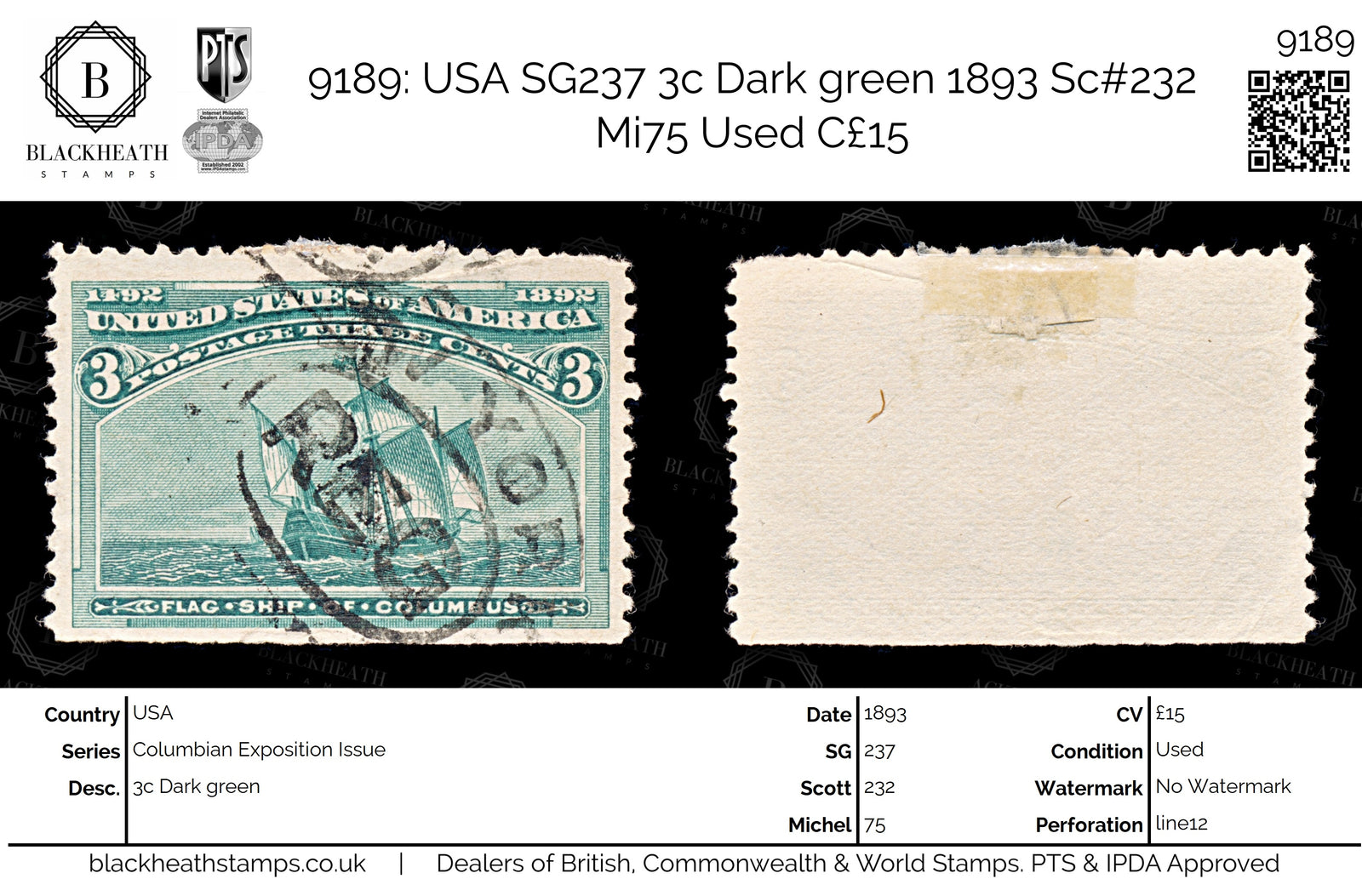 9189: USA SG237 3c Dark green 1893 Sc#232 Mi75 Used C£15