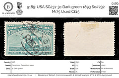 9189: USA SG237 3c Dark green 1893 Sc#232 Mi75 Used C£15, view 1