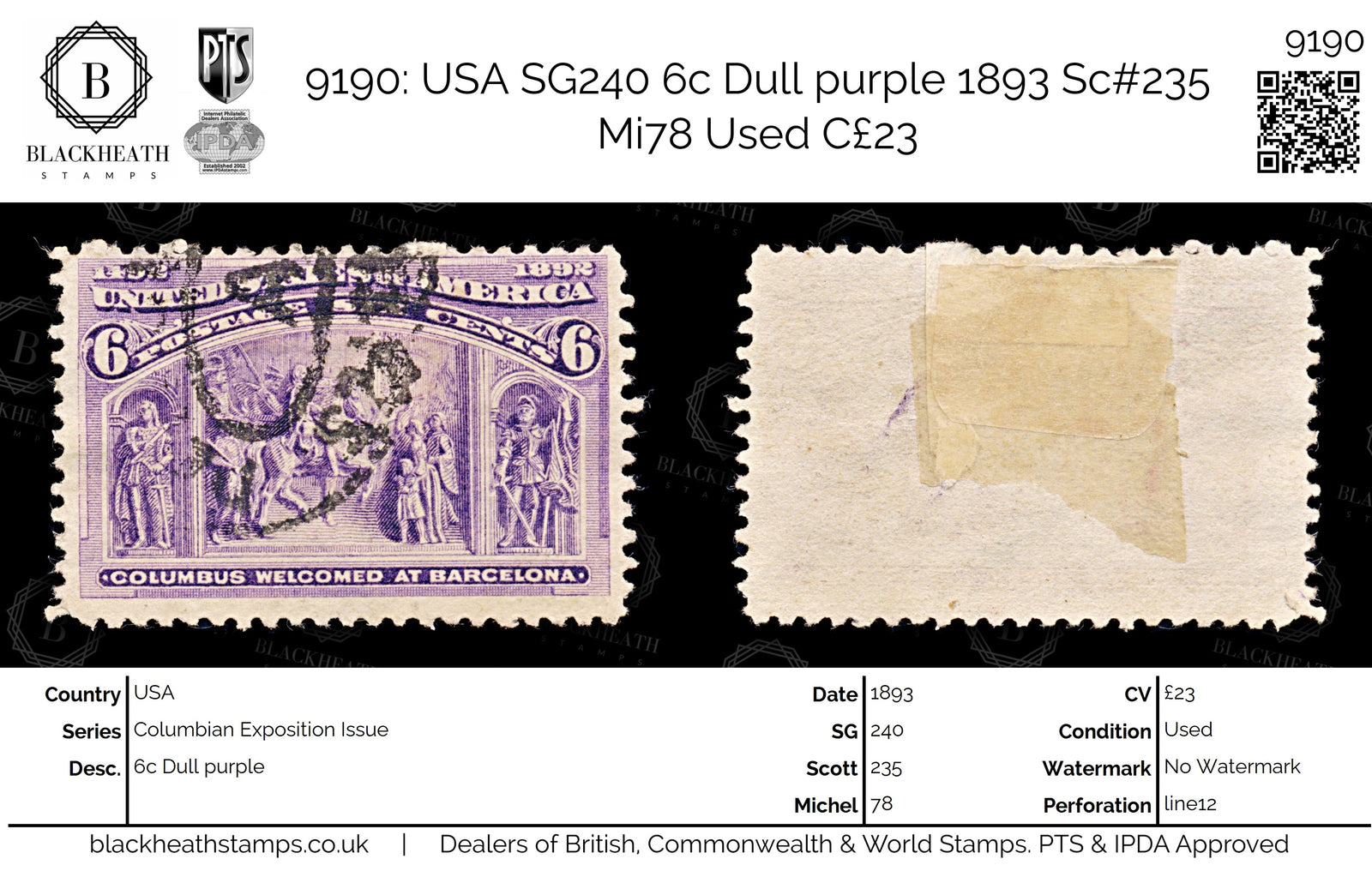 9190: USA SG240 6c Dull purple 1893 Sc#235 Mi78 Used C£23