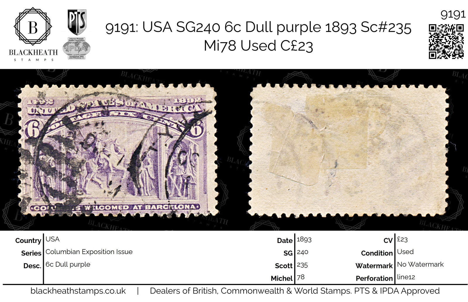 9191: USA SG240 6c Dull purple 1893 Sc#235 Mi78 Used C£23
