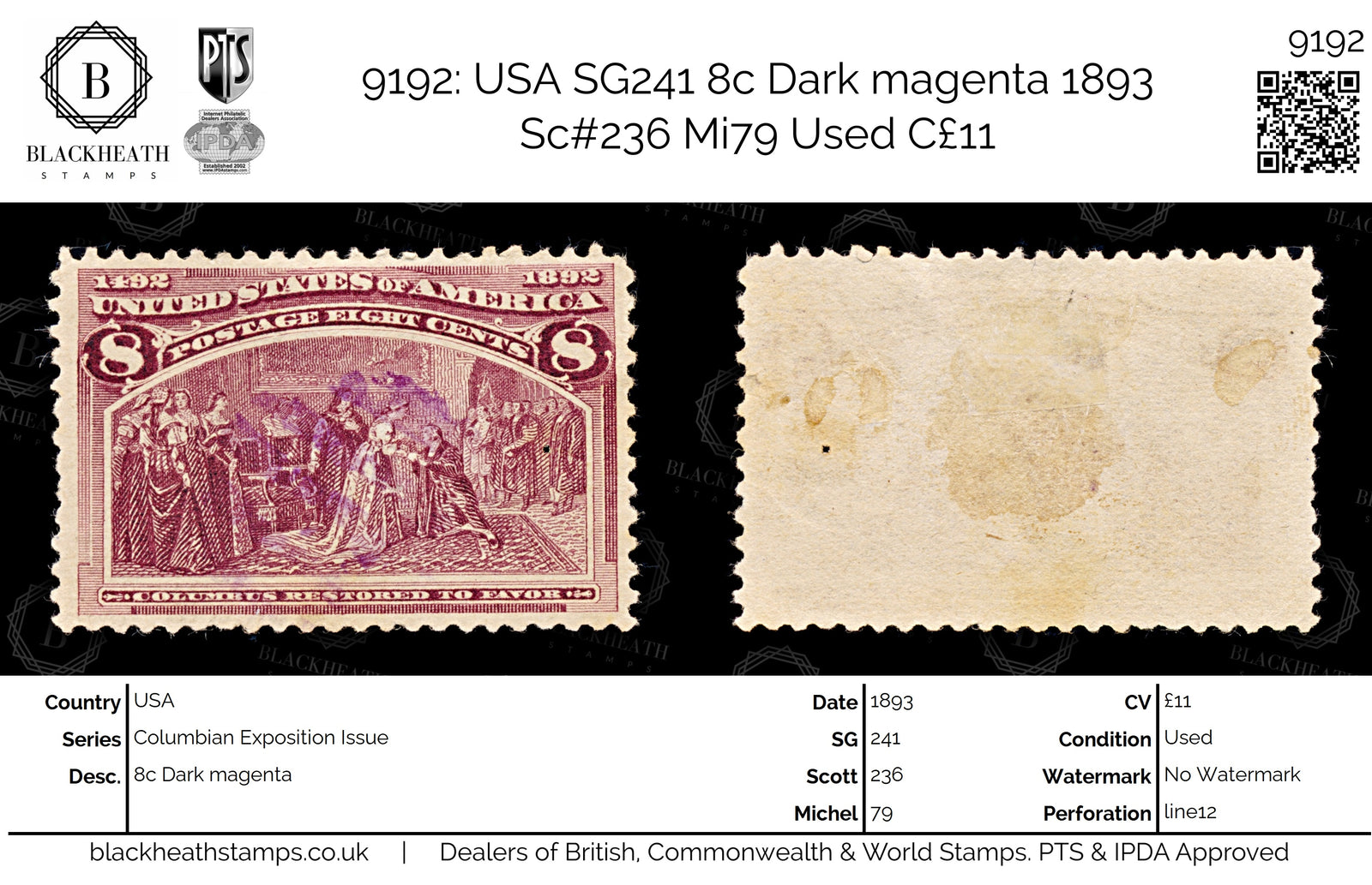 9192: USA SG241 8c Dark magenta 1893 Sc#236 Mi79 Used C£11