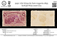 9192: USA SG241 8c Dark magenta 1893 Sc#236 Mi79 Used C£11, view 1