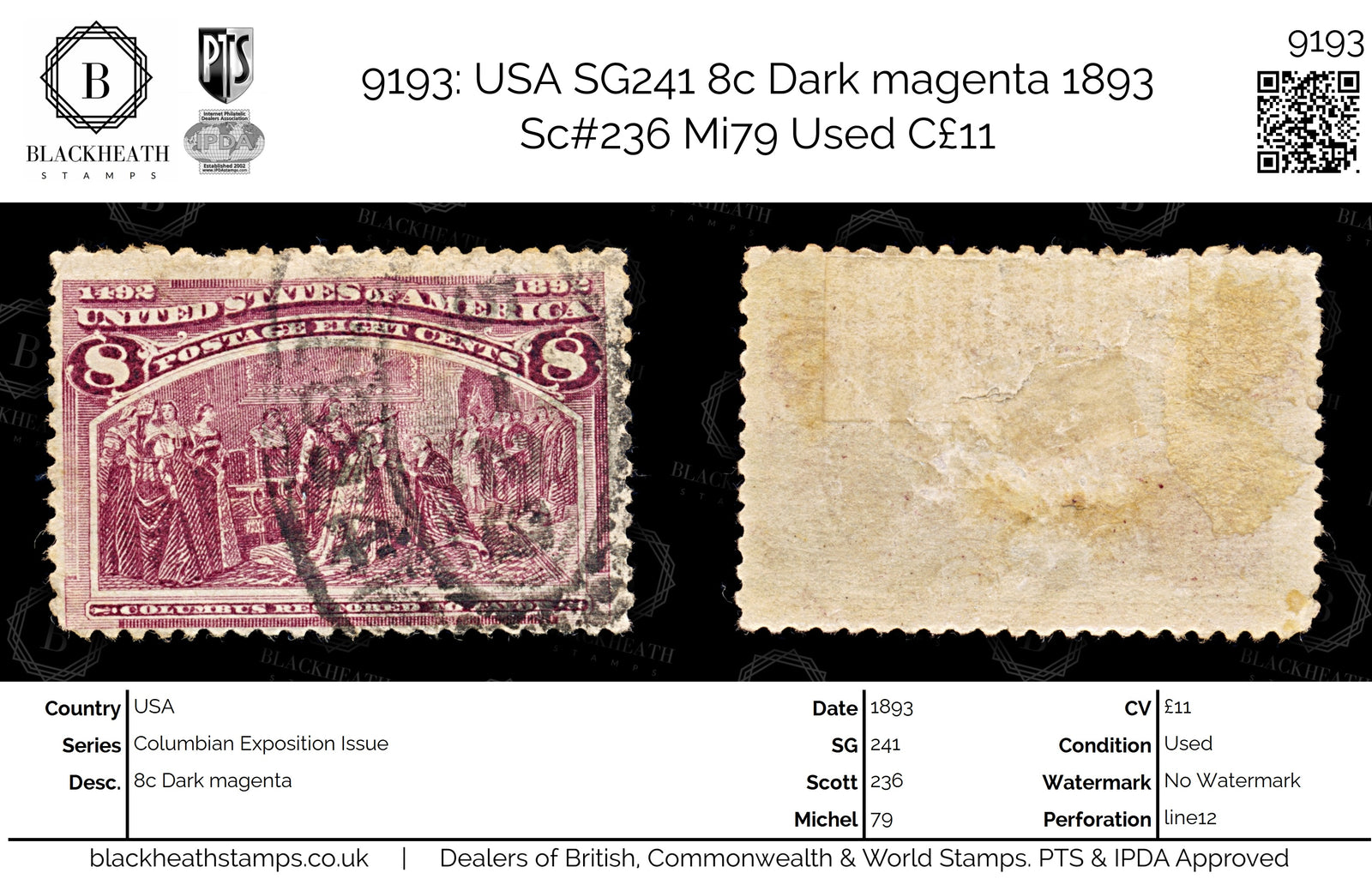 9193: USA SG241 8c Dark magenta 1893 Sc#236 Mi79 Used C£11