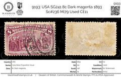 9193: USA SG241 8c Dark magenta 1893 Sc#236 Mi79 Used C£11, view 1