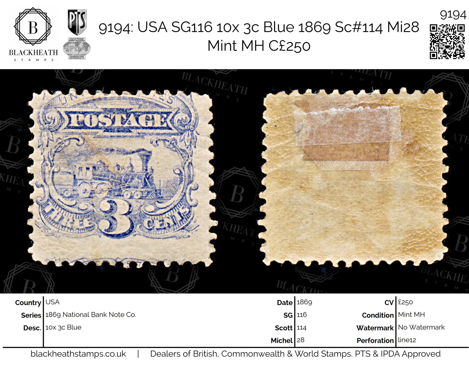9194: USA SG116 10x 3c Blue 1869 Sc#114 Mi28 Mint MH C£250