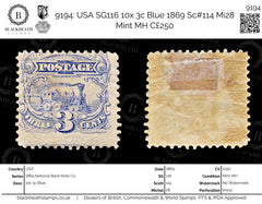 9194: USA SG116 10x 3c Blue 1869 Sc#114 Mi28 Mint MH C£250, view 1