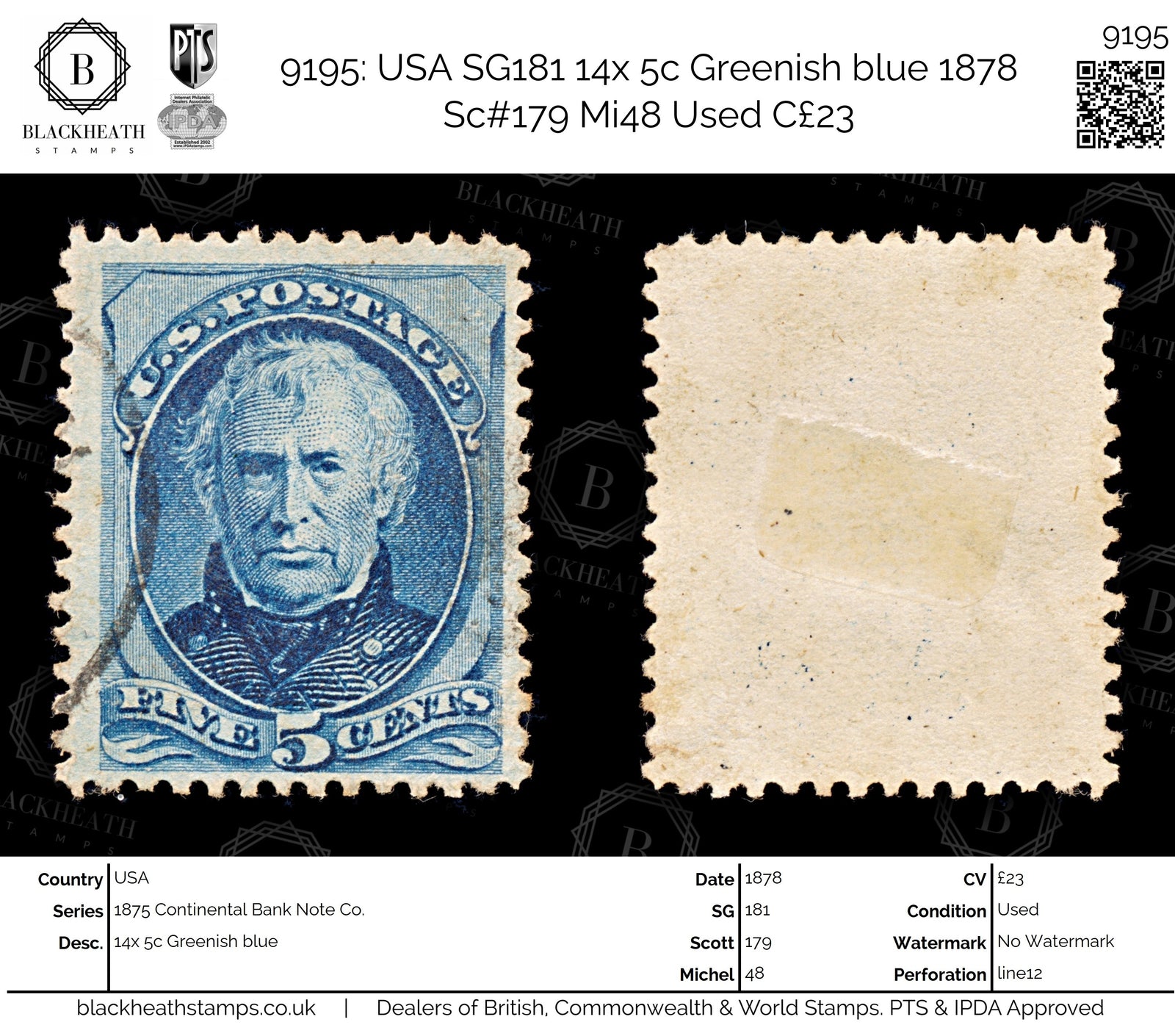 9195: USA SG181 14x 5c Greenish blue 1878 Sc#179 Mi48 Used C£23