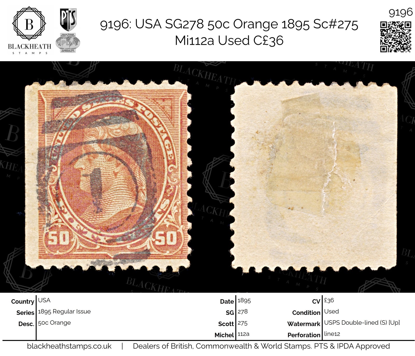 9196: USA SG278 50c Orange 1895 Sc#275 Mi112a Used C£36