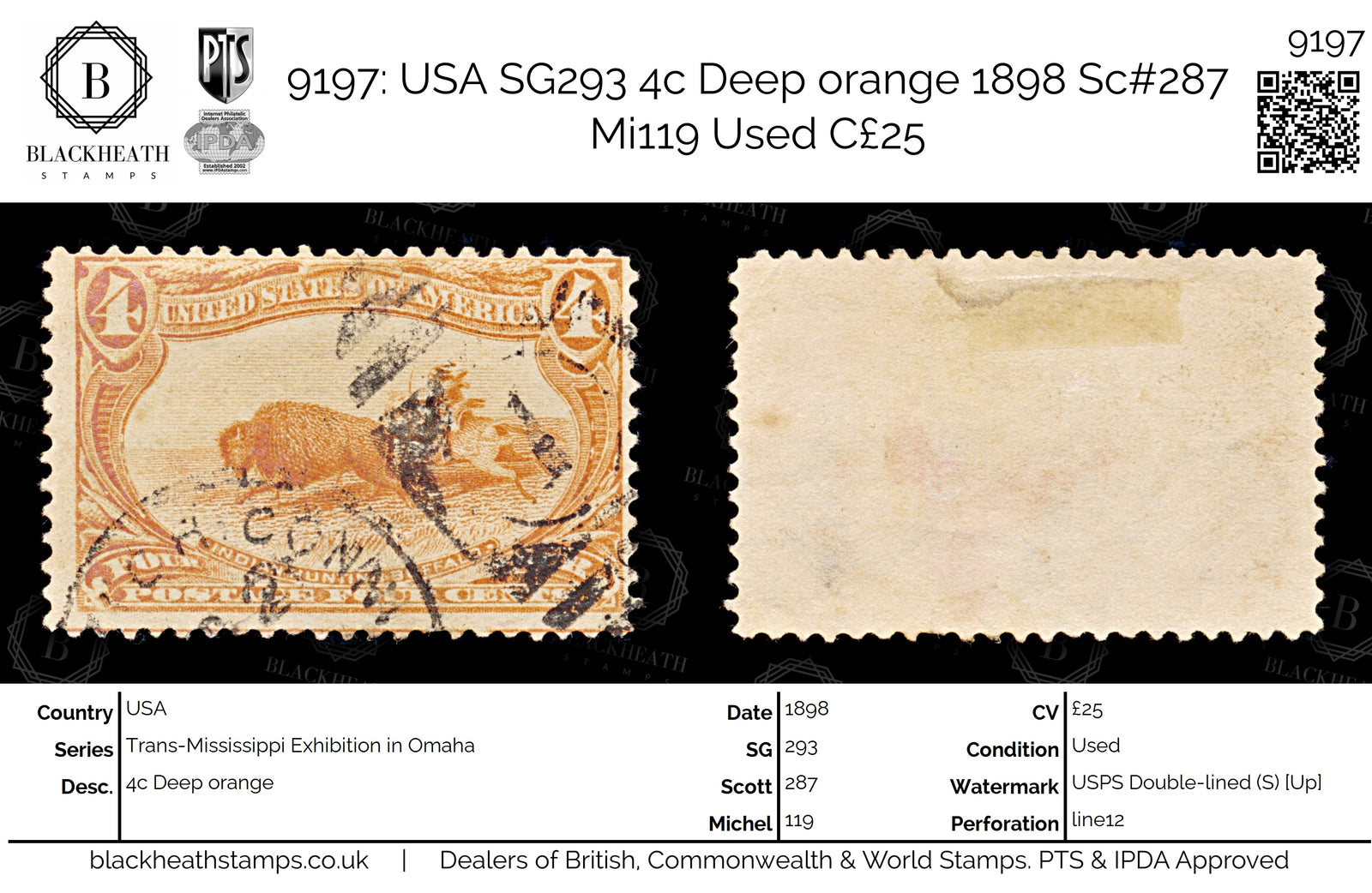 9197: USA SG293 4c Deep orange 1898 Sc#287 Mi119 Used C£25