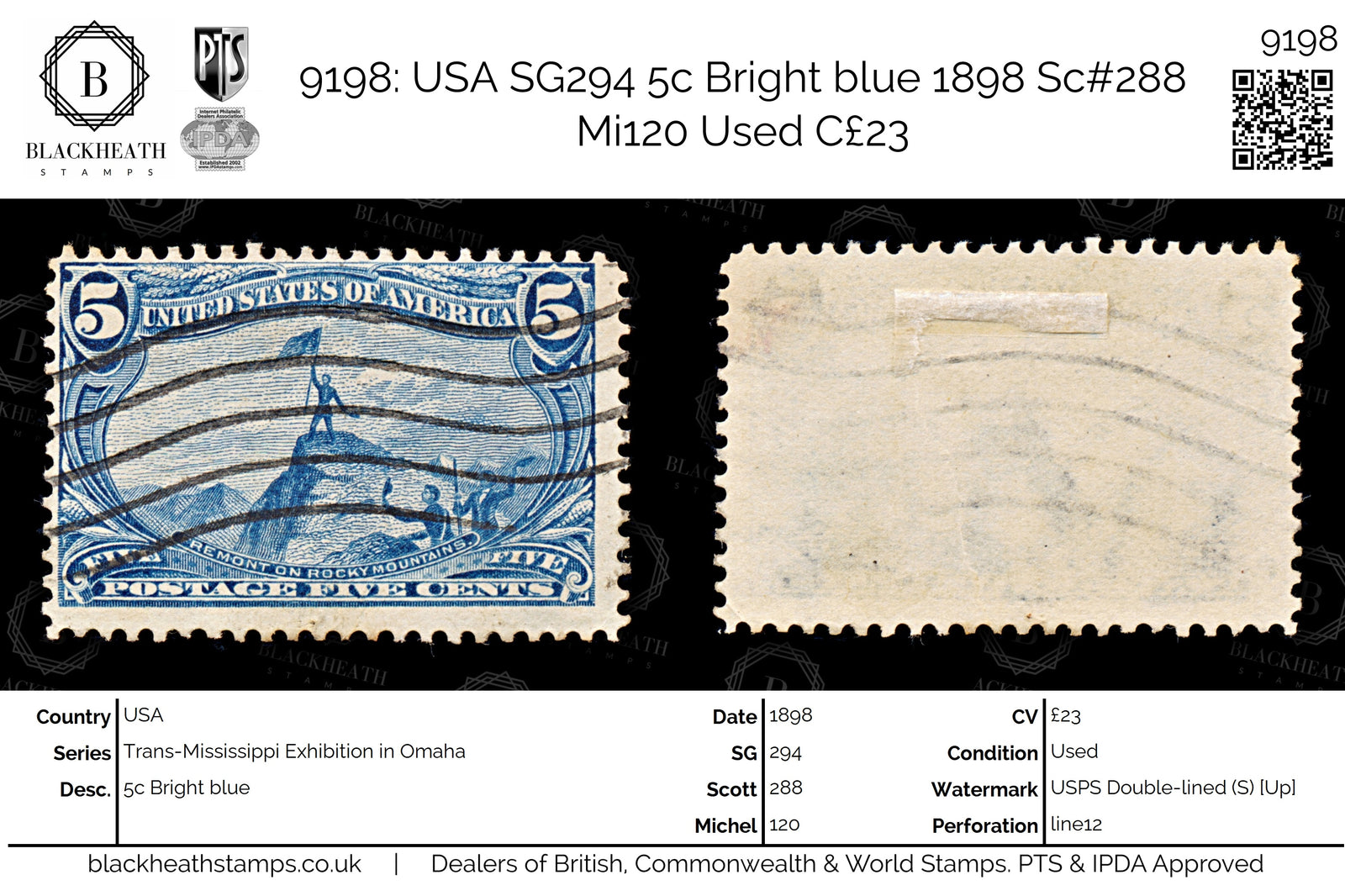 9198: USA SG294 5c Bright blue 1898 Sc#288 Mi120 Used C£23