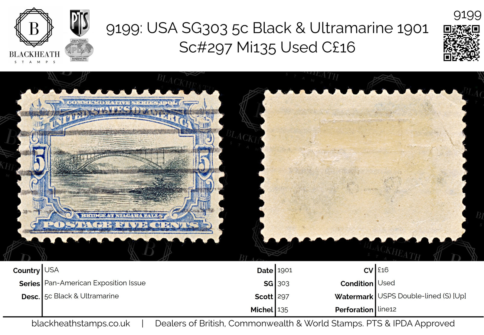 9199: USA SG303 5c Black &  Ultramarine 1901 Sc#297 Mi135 Used C£16