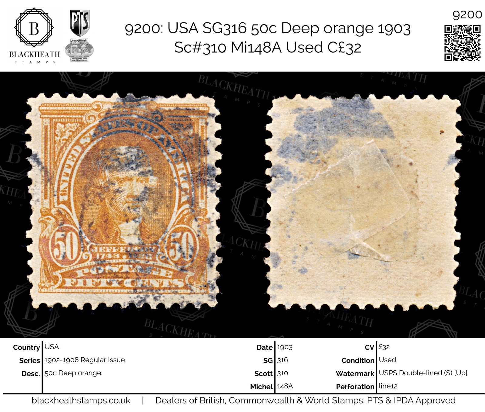 9200: USA SG316 50c Deep orange 1903 Sc#310 Mi148A Used C£32