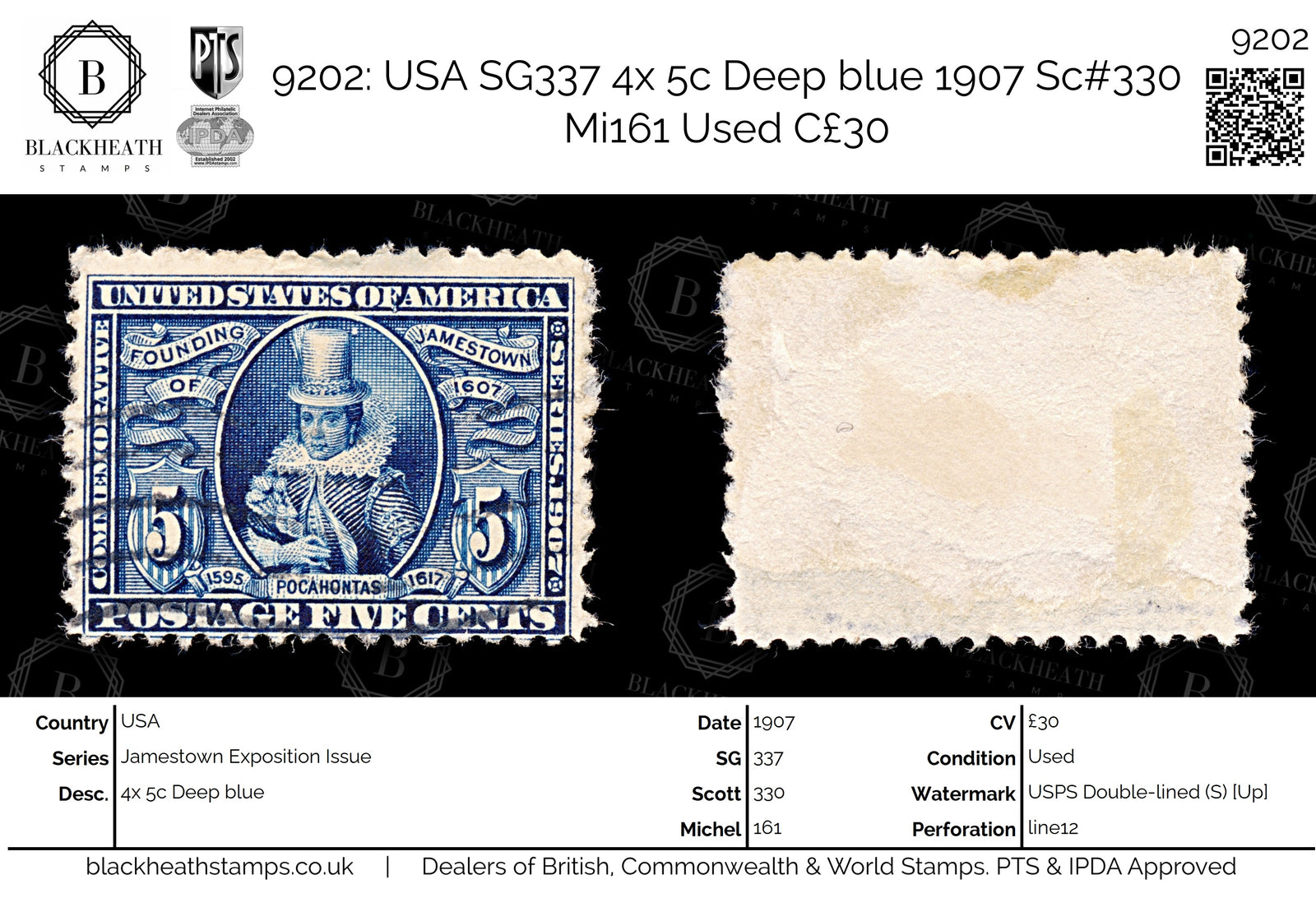 9202: USA SG337 4x 5c Deep blue 1907 Sc#330 Mi161 Used C£30
