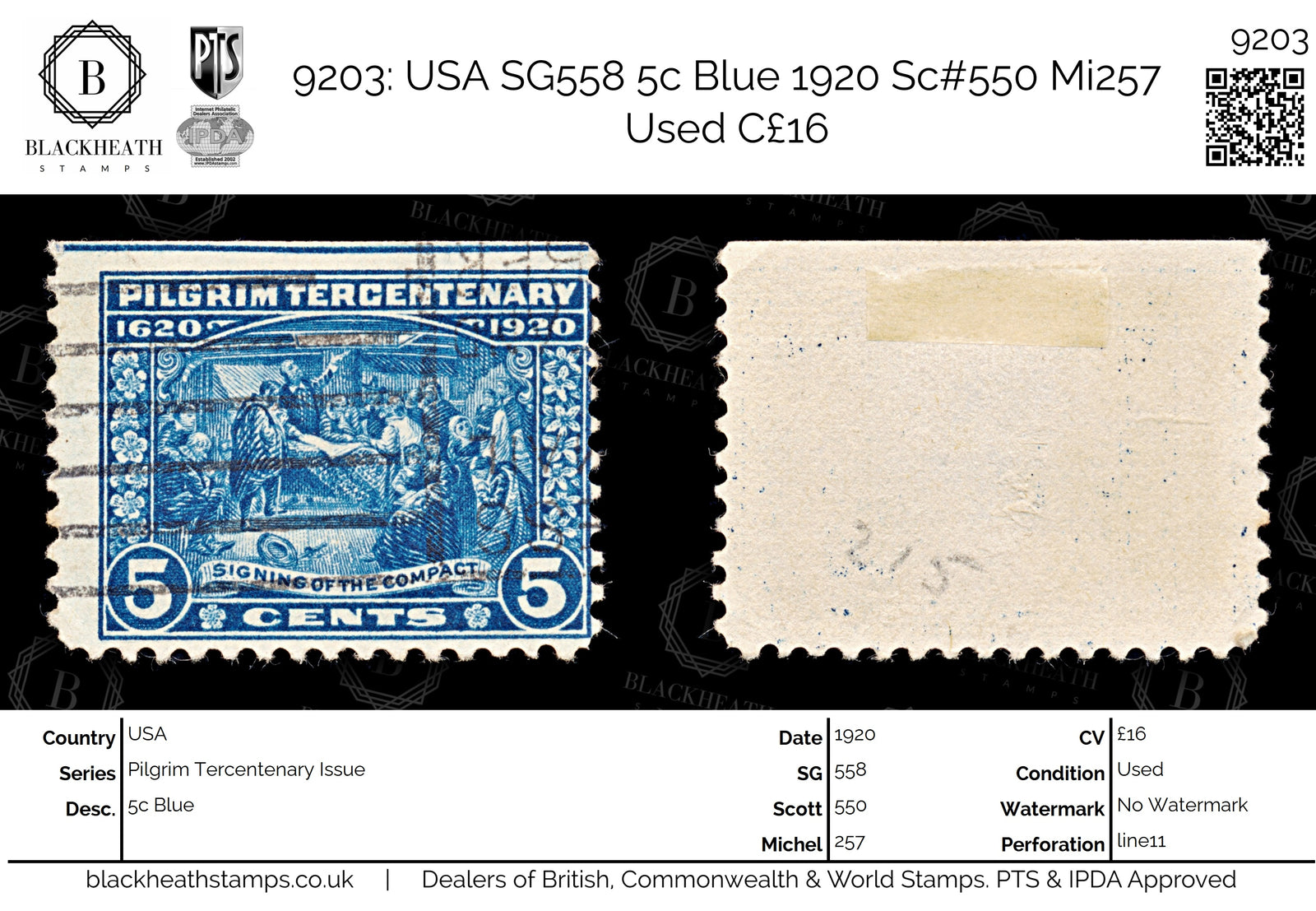 9203: USA SG558 5c Blue 1920 Sc#550 Mi257 Used C£16