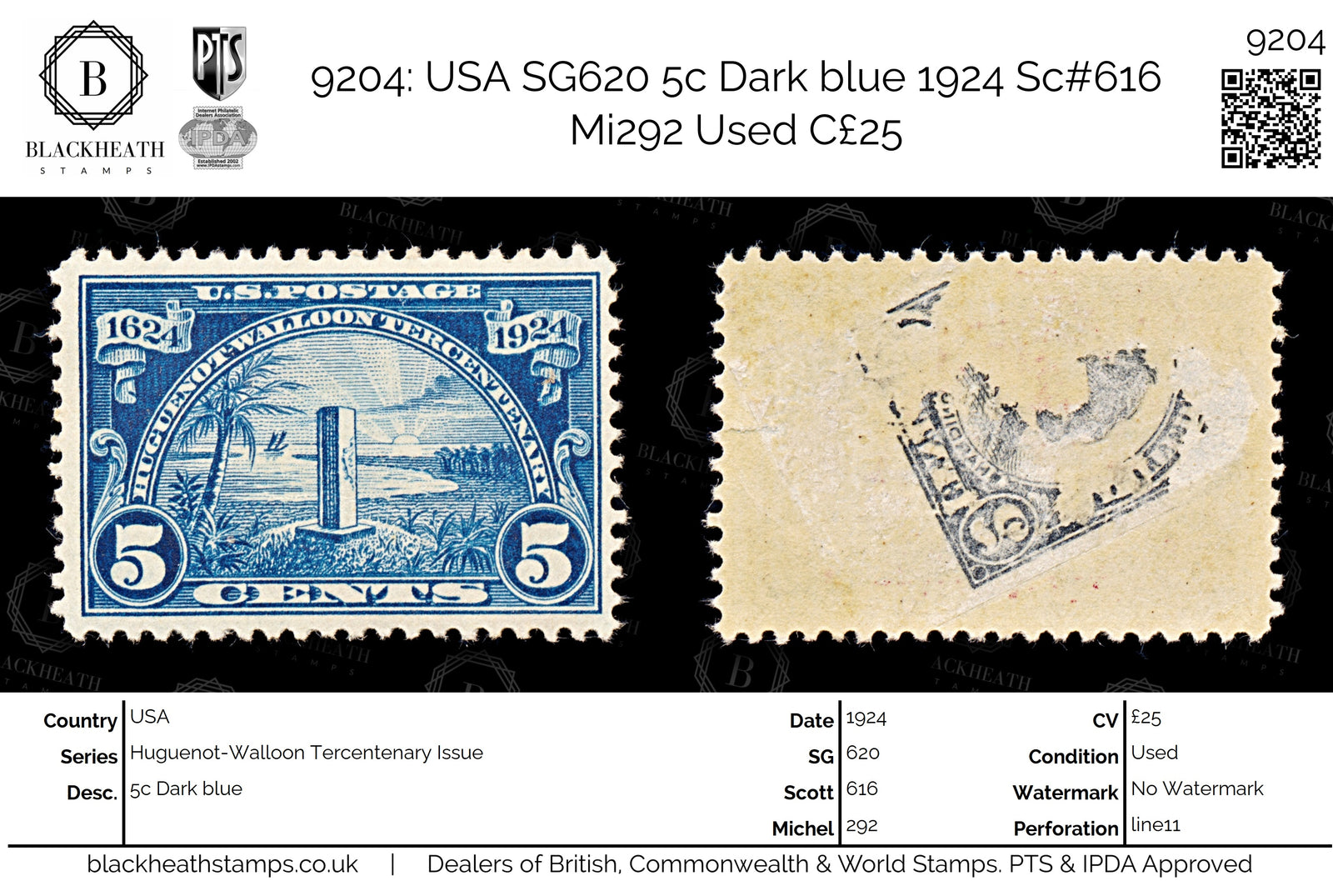 9204: USA SG620 5c Dark blue 1924 Sc#616 Mi292 Used C£25
