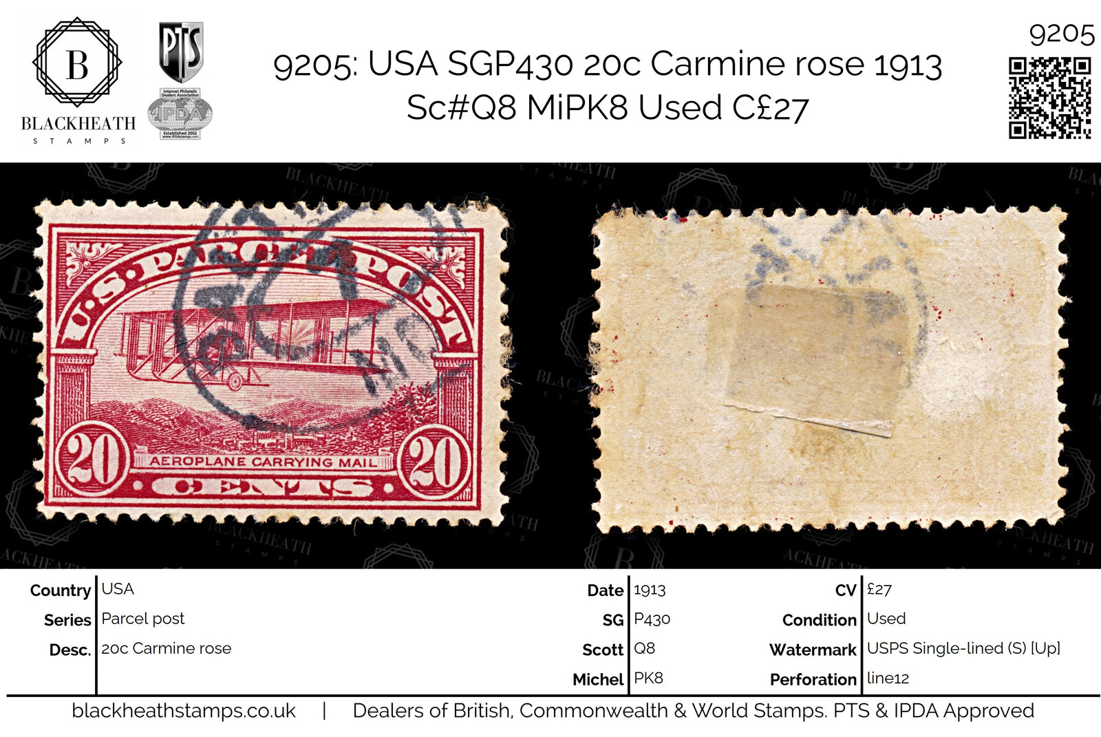 9205: USA SGP430 20c Carmine rose 1913 Sc#Q8 MiPK8 Used C£27