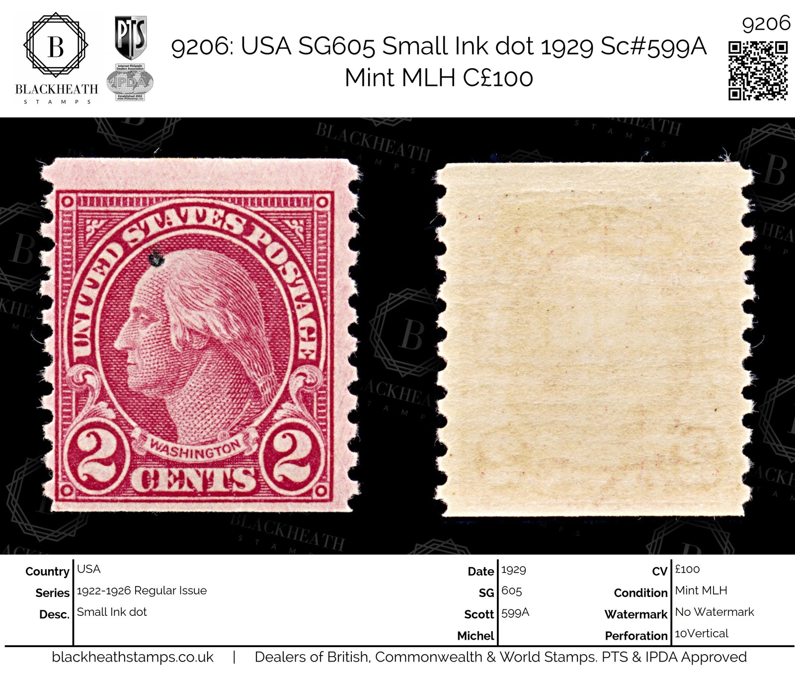 9206: USA SG605 Small Ink dot 1929 Sc#599A Mint MLH C£100