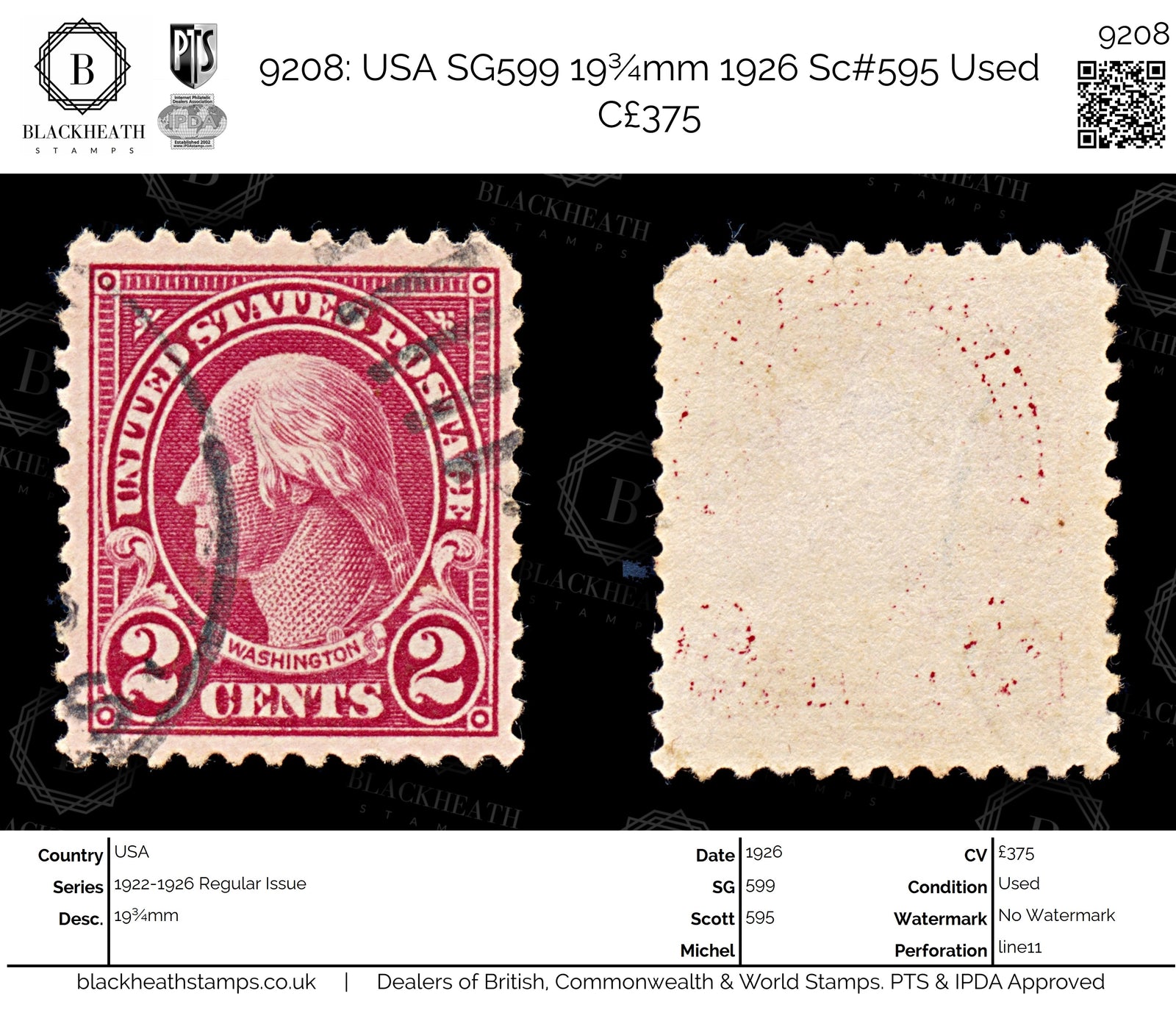 9208: USA SG599 19¾mm 1926 Sc#595 Used C£375
