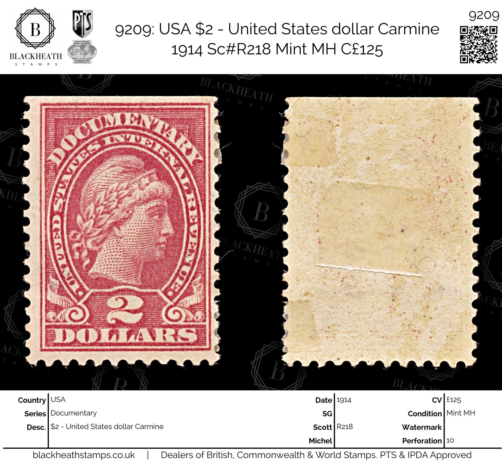 9209: USA $2 - United States dollar Carmine 1914 Sc#R218 Mint MH C£125