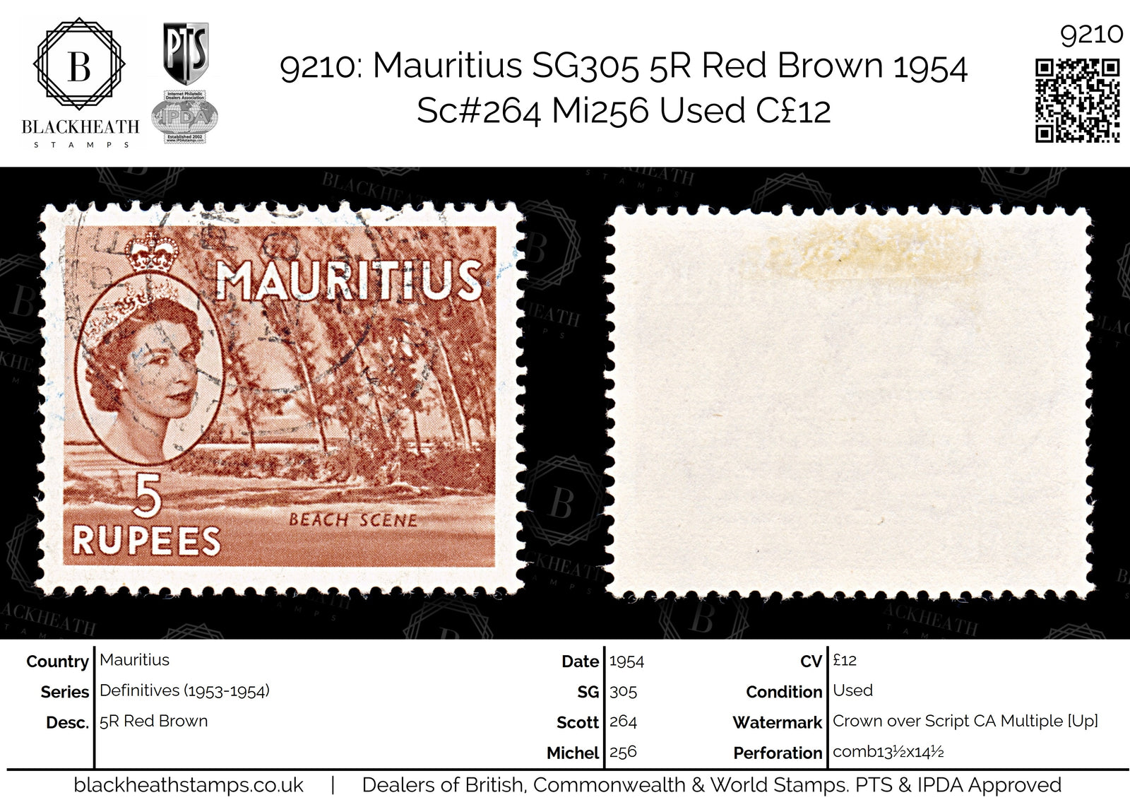 9210: Mauritius SG305 5R Red Brown 1954 Sc#264 Mi256 Used C£12