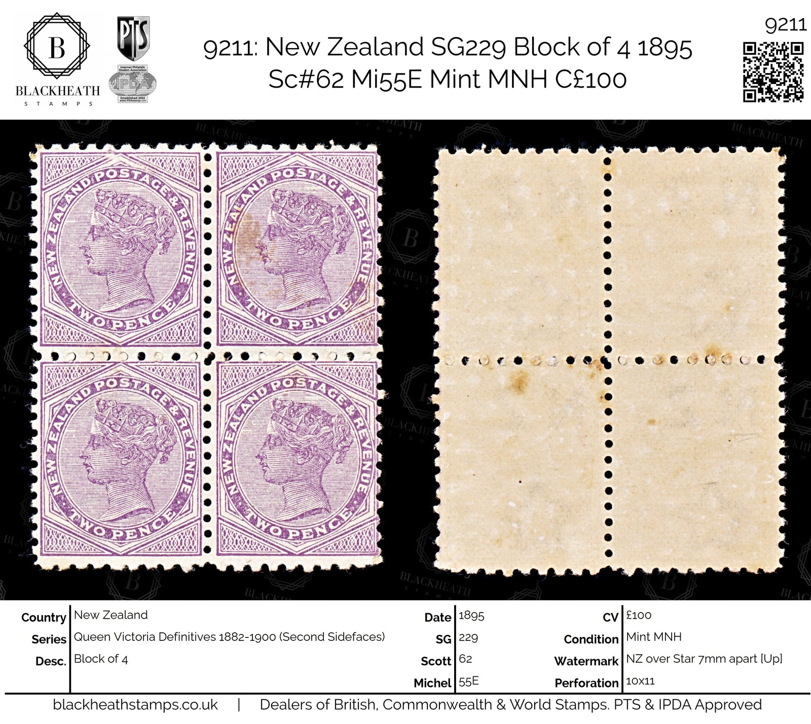 9211: New Zealand SG229 Block of 4 1895 Sc#62 Mi55E Mint MNH C£100