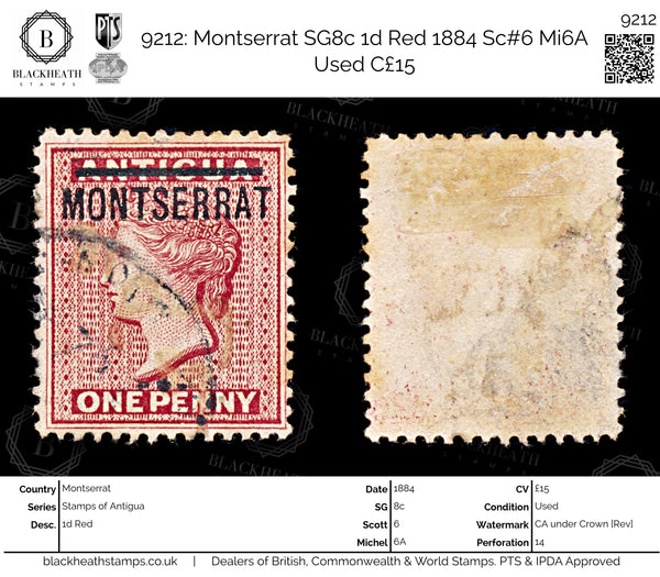 9212: Montserrat SG8c 1d Red 1884 Sc#6 Mi6A Used C£15